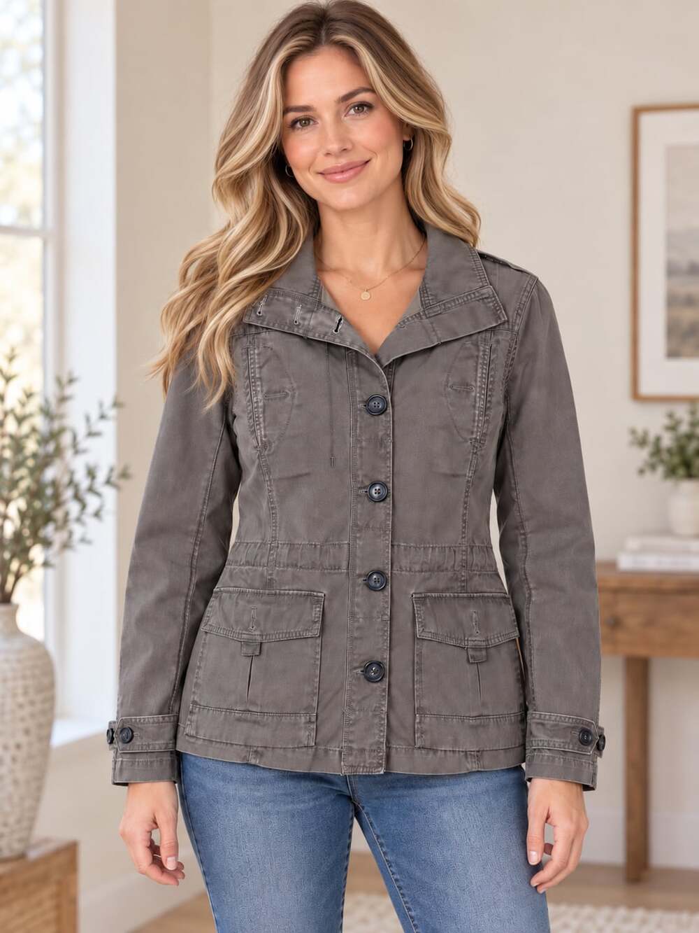 Eddie Bauer Women’s M Brown Canvas Utility Jacket Military Cargo Cotton